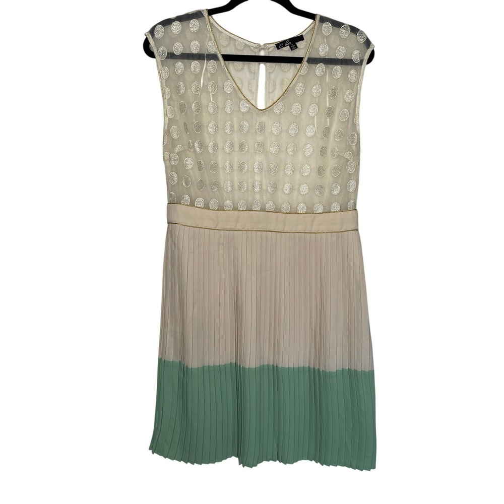 C. Luce Pleated Colorblock Dress Womens Large Mint Beige Gold Polka Dot Romantic